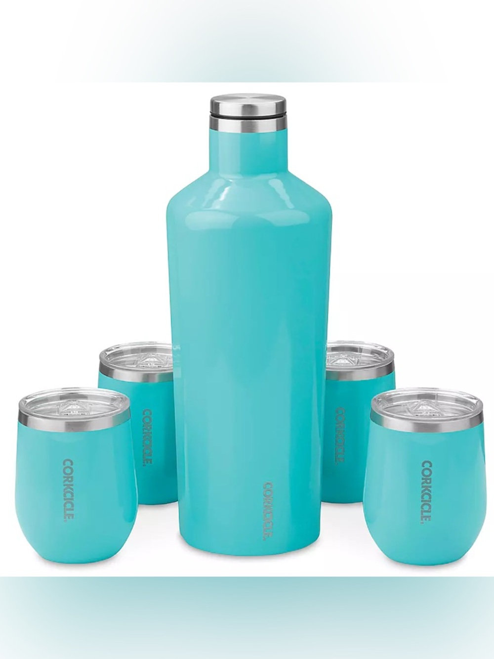 NWB Corkcickle Set 60oz Canteen&Four 12oz Wine Glasses Turquoise “ULINE” Branded